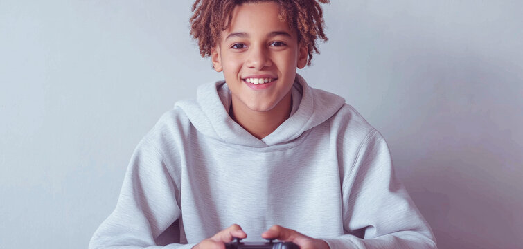 Young boy smiling, happily playing video games, holding a controller and enjoying leisure time at home