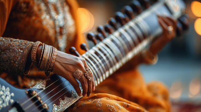 South Asian musician hands gracefully playing a traditional sitar instrument adorned with intricate carvings while wearing golden bangles and embroidered clothing in warm ambient lighting