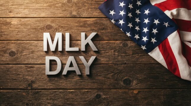 MLK Day text on wooden background next to draped American flag for national holiday