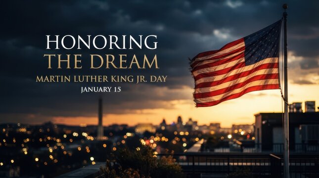 Honoring the Dream Martin Luther King Jr Day banner with American flag and city skyline
