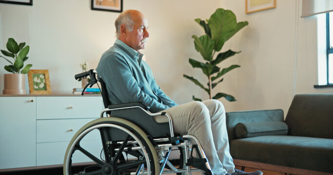 Wheelchair, thinking and senior man in home with vision, past memory or flashback with nostalgia. Thoughts, ponder and serious person with disability, reflection and introspection in retirement