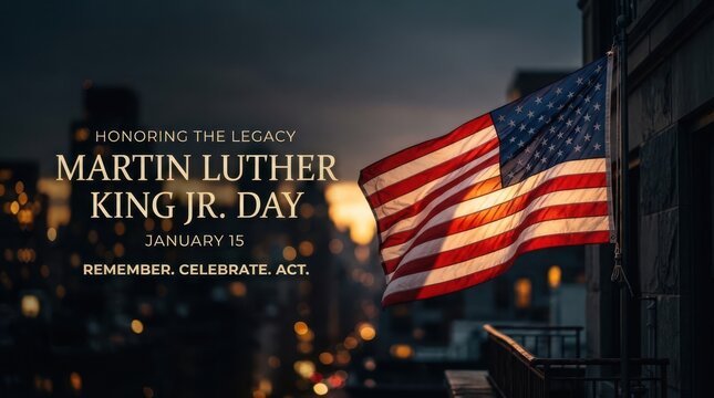 Martin Luther King Jr Day promotional banner with American flag and urban background