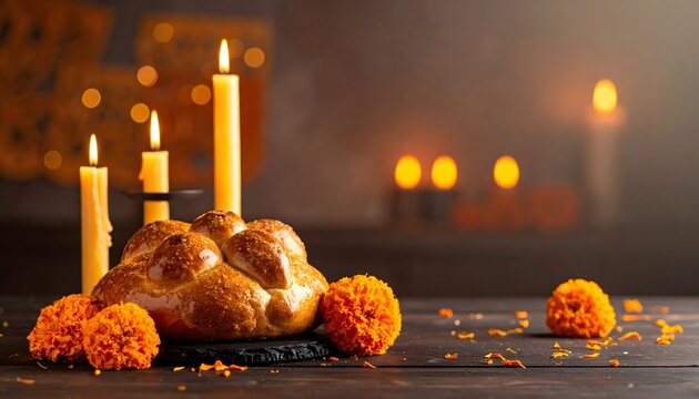 Pan de muerto con velas encendidas y flores de cempas&uacute;chil