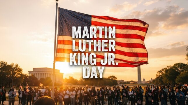 Martin Luther King Jr. Day text over American flag waving with crowd gathered at monument in background