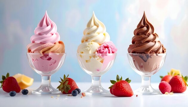 Tres copas de helado suave con sabores fresa, vainilla y chocolate