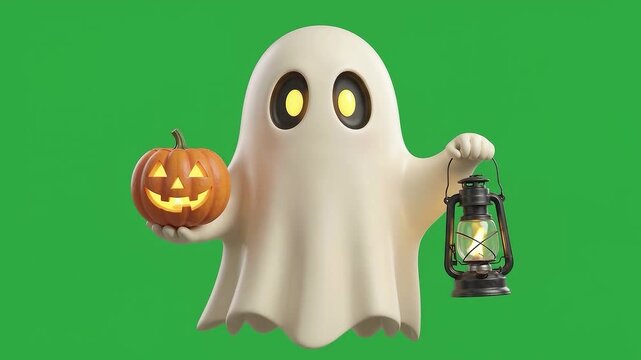 Playful Ghost Character Holding Pumpkin on Green Screen Chroma Key