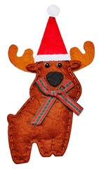 Handmade felt reindeer ornament with Santa hat and plaid ribbon scarf © sawa