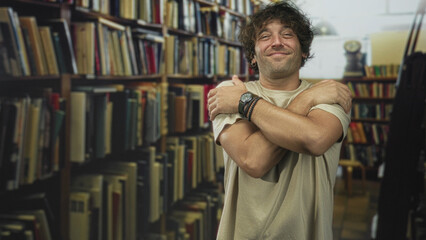 Man hugging himself with crossed arms and a gentle smile, eyes closed, wearing beige tshirt and wristwatch among tall bookshelves in a library  self comfort contentment. © Krakenimages.com