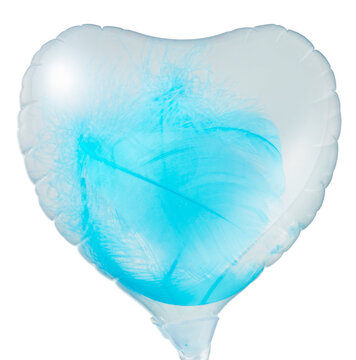 Clear heart shaped balloon with a blue feather inside