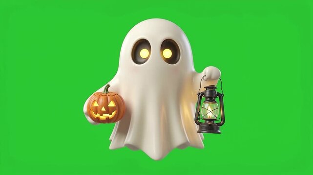 Chubby 3D Ghost Holding Pumpkin and Lantern on Green Screen