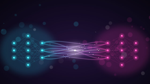 Generative adversarial network concept with two glowing neural networks
