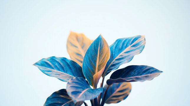Vibrant blue tropical leaves with golden highlights isolated on a soft light blue studio background