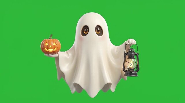 Friendly Ghost Carrying Pumpkin and Lantern for Green Screen Compositing