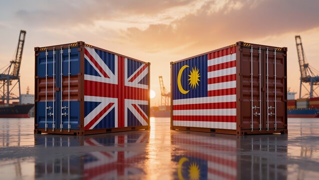Sunset over seaport with UK and Malaysian flag containers, trade, export