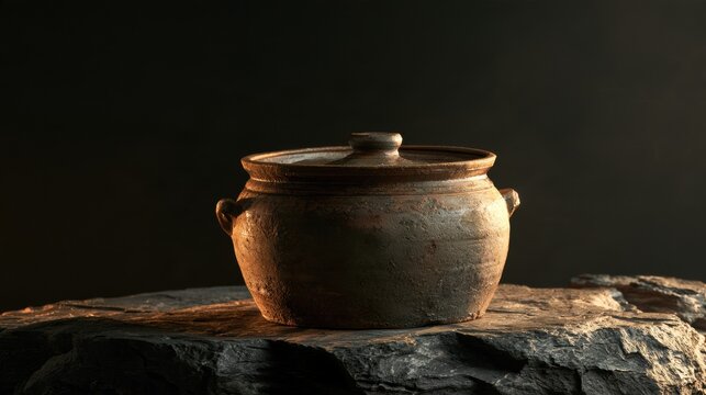 A ceramic fermentation crock sits on a dark stone surface. The warm light brings attention to its traditional glaze, highlighting heritage.
