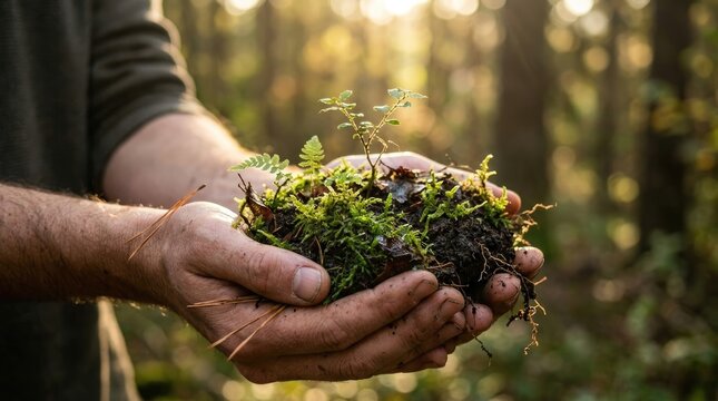 Hands holding a small plant with soil and moss in a sunlit forest, symbolizing environmental conservation, sustainability, and new life world soil day