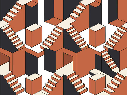 seamless pattern featuring isometric stairs and blocks in modern colors