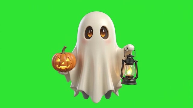 3D Animated Ghost Holding Vintage Lantern and Pumpkin Green Screen