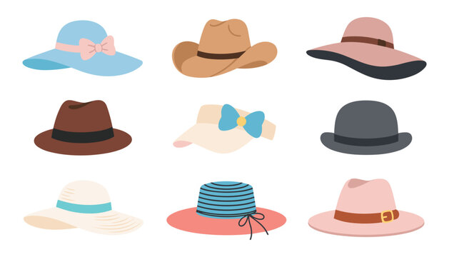 Fashion hat and headwear flat vector icon set. Cowboy, straw, bowler, fedora, summer sun caps
