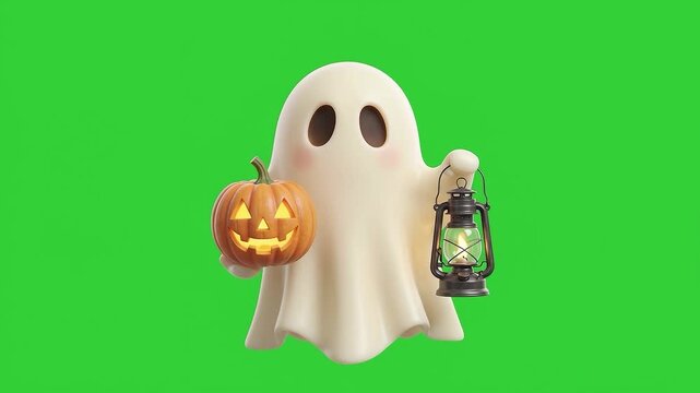 Spooky Cute Ghost Carrying Pumpkin on Green Screen Chroma Key
