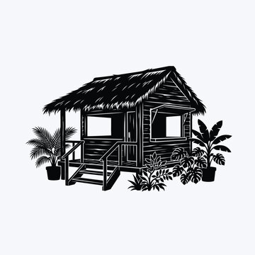 Black silhouette of tropical beach hut cabana architecture