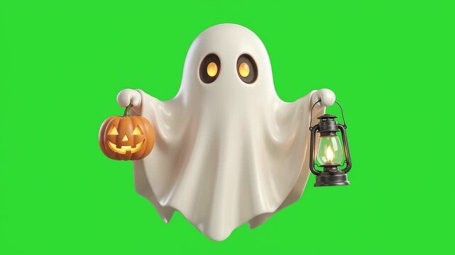 Ethereal Halloween Ghost Holding Lantern on Green Screen Chroma Key