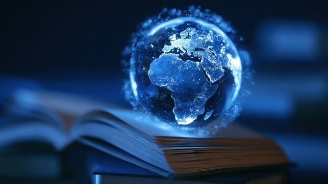 Digital glowing holographic globe of Earth showing continent of Africa hovering above open book education technology concept