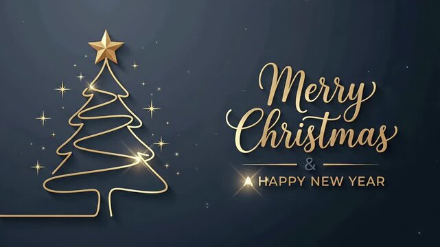 Golden Christmas tree line art greeting with Merry Christmas typography on dark background, luxury holiday motion graphic loop
