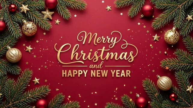 Merry Christmas and Happy New Year golden calligraphy text framed by pine branches and ornaments, holiday motion graphic loop
