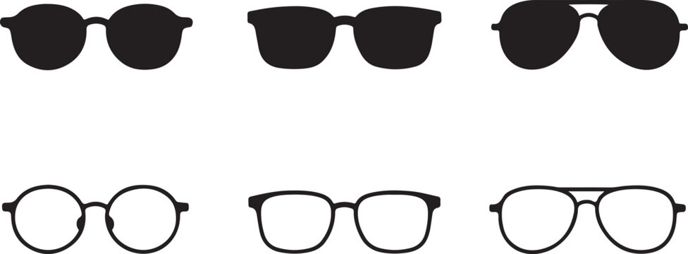 different style silhouette and outline line art glasses vector icon eyeglass sign