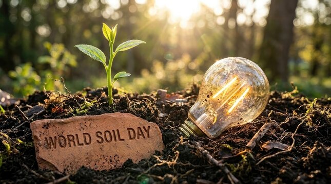 A glowing light bulb and a small plant growing next to a brick engraved with world soil day, representing environmental awareness and soil health world soil day