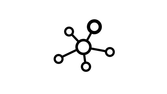 Minimal black molecular network icon with central circular hub and connected nodes, representing connectivity, science, communication, data sharing, technology, and modern digital systems.