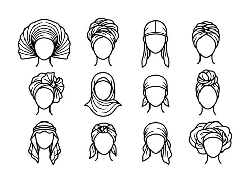 Headscarf and cultural head wrap line icons with turban, hijab, durag and bandana styles for app and web