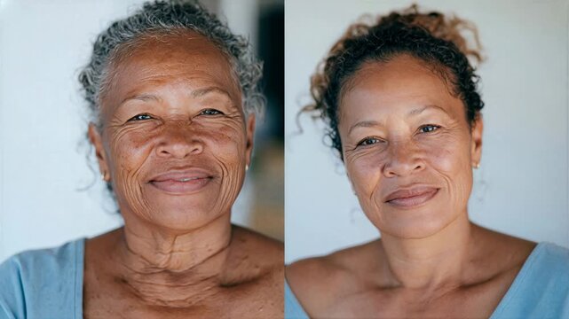 The face of the same woman at different ages. Joyful senior Black woman with expressive face and curly hair smiling warmly