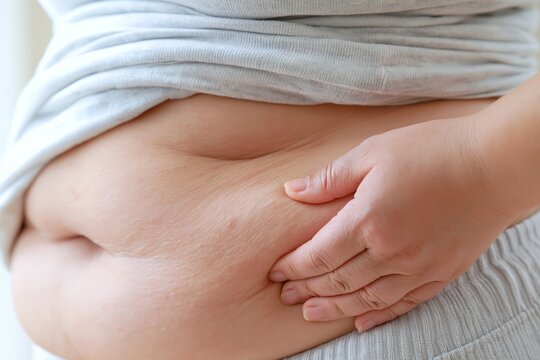 お腹の脂肪を摘まむ女性の気になるウエストライン
