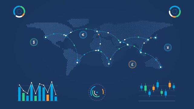 Global network connections map with data charts and financial analytics during digital growth