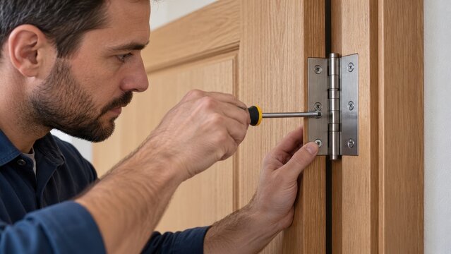 worker realigns a doorway hinge indoors