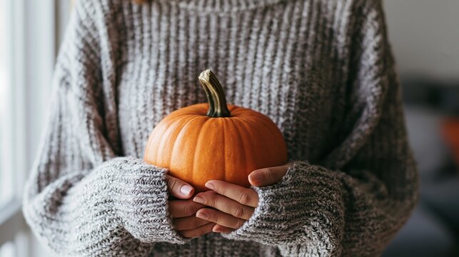 Woman holding small pumpkin for cozy autumn halloween decoration