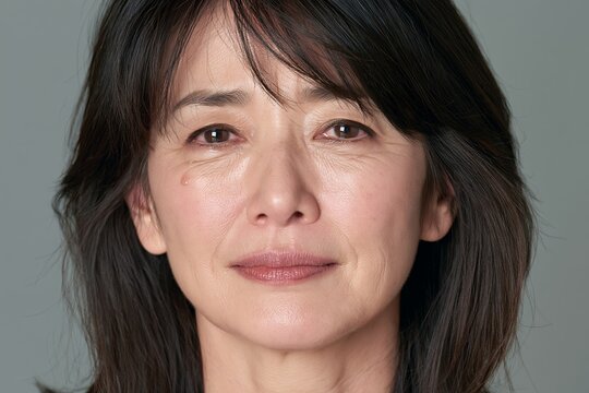 涙をこらえながらも微笑む中高年女性のアップ