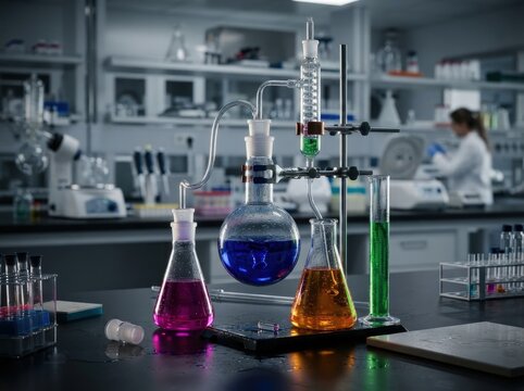 Laboratory glassware set with colorful liquid chemicals in flasks and tubes during a scientific reaction with a researcher in the background.