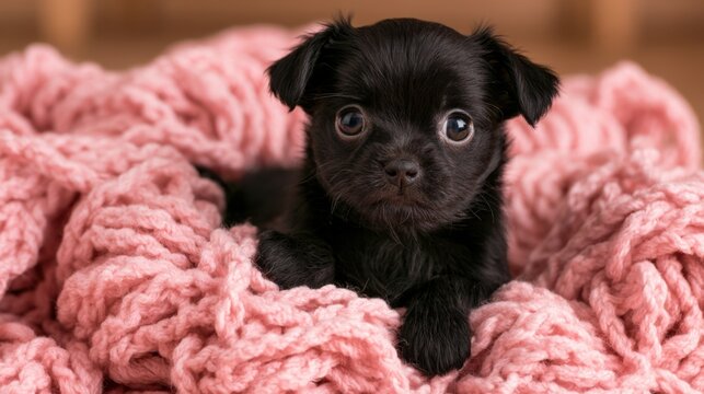 Small black puppy with big eyes lying on soft pink knitted blanket looking directly at camera indoors