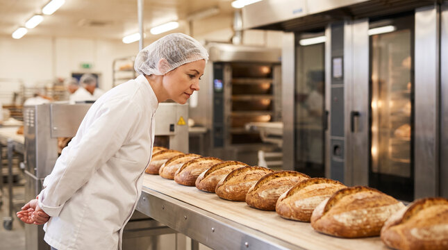 Bakery production supervisor inspects freshly baked sourdough loaves on conveyor belt, checking bread quality, crust consistency and food safety in commercial bakery.