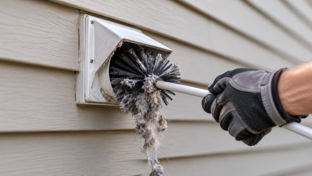 technician cleans a dryer vent outside a home