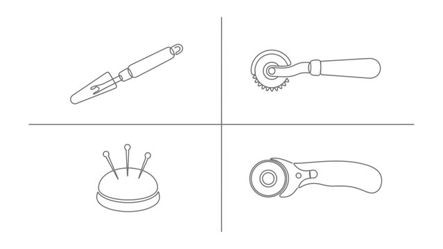 Sewing Tools Collection: A collection of essential sewing tools including a seam ripper, tracing wheel, pin cushion, and rotary cutter, presented in a clean, organized layout.