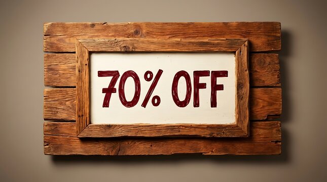 70 Percent Off Sale Sign in Rustic Wooden Frame on Neutral Background for Retail Marketing Promotion