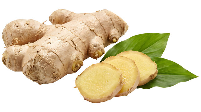 Fresh ginger root with green leaves on plain background isolated on transparent background