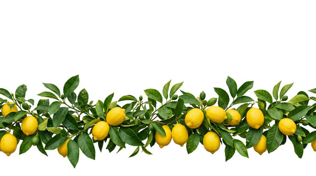 Panoramic horizontal border of fresh ripe yellow lemons on a citrus tree branch with vibrant green leaves, isolated on a white background, ideal for food packaging and kitchen interior design.