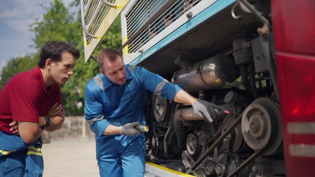 Two mechanics inspect truck engine components. One gestures while the other points at parts. They focus intently on mechanical details