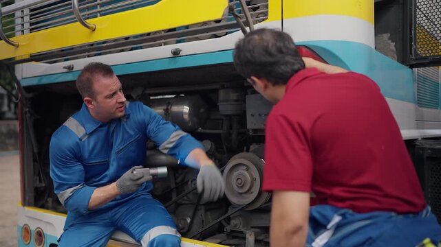 Two mechanics inspect bus engine parts. One gestures while speaking to his colleague. They wear protective gear and gloves