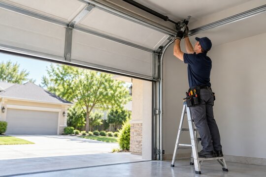 technician repairs a garage door overhead
